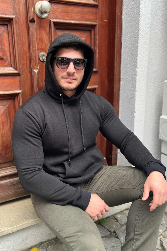 Hoodie 3 iplik Şardonlu  Erkek Sweatshirt- Siyah