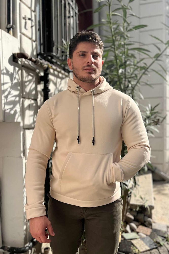 Hoodie  3 iplik Şardonlu Erkek Sweatshirt- Taş Rengi