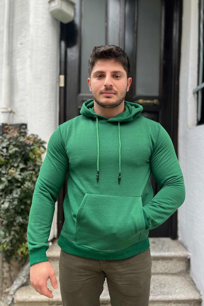 Hoodie 3 iplik Şardonlu Erkek Sweatshirt- Yeşil