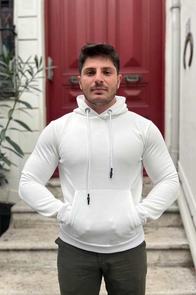 Hoodie 3 iplik Şardonlu Erkek Sweatshirt- Krem